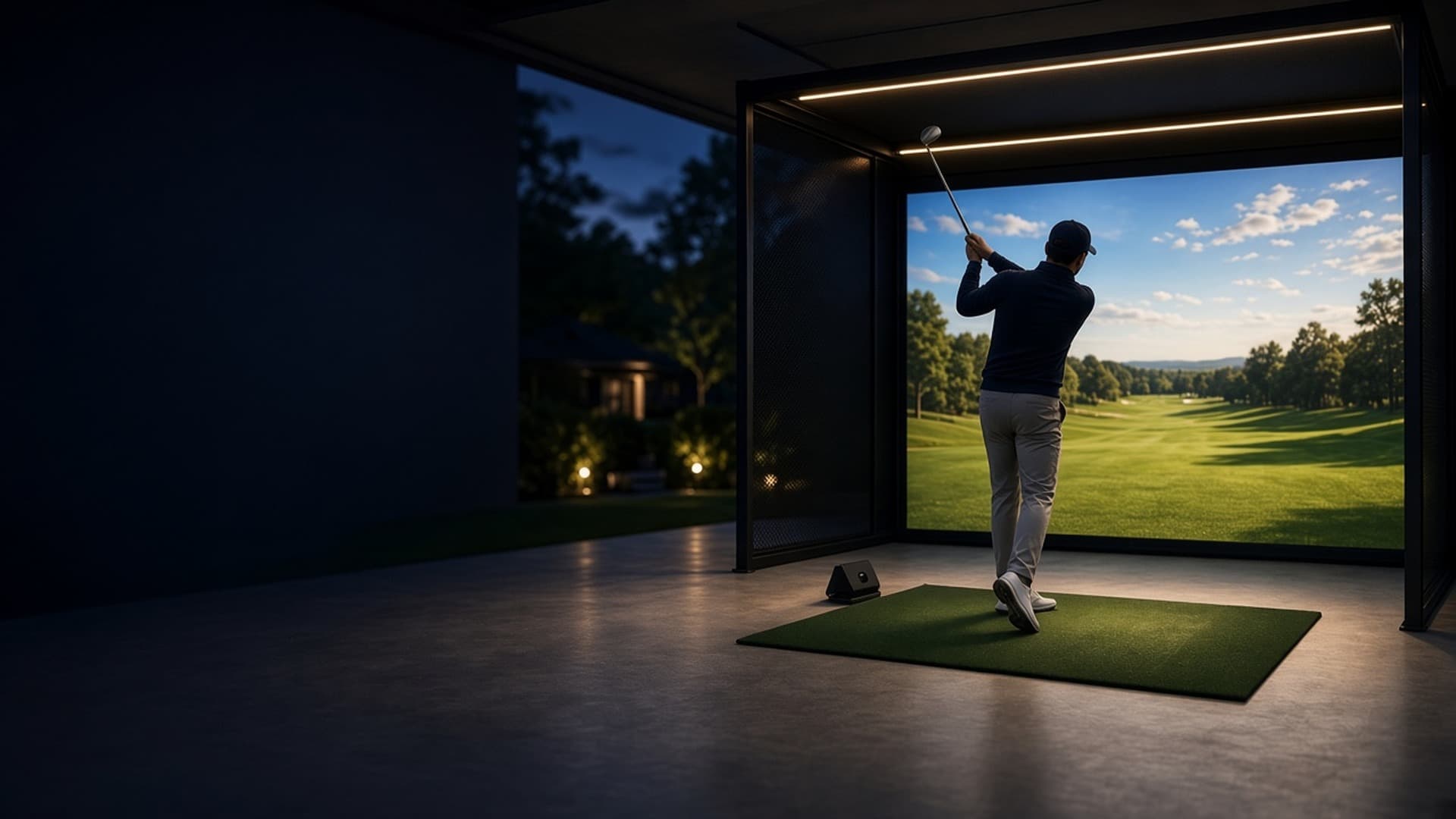 Golfer swinging in a home golf simulator